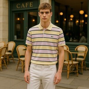 Lacoste Men's Yellow and Pink Polo Shirt Classic Style Size 5/L